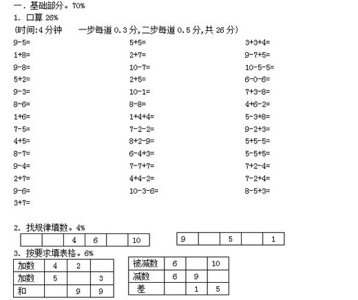 上海一年级上数学期中试题（十）